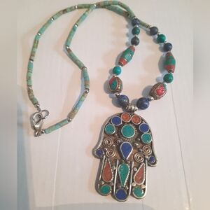 Turquoise  Inlay Multi-Color Hamsa Pendant Necklace - Women Jewelry
